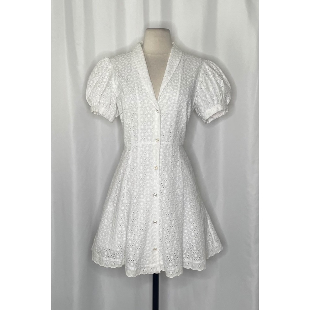 CAROLINE CONSTAS Bel Buttoned Cotton Mini Dress White Eyelet Bridal Shower Small - Picture 3 of 16